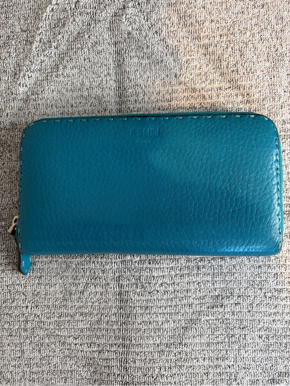 Fendi Selleria Roman Leather Large Zip around wallet. Teal/Peacock Blue - Picture 5 of 15